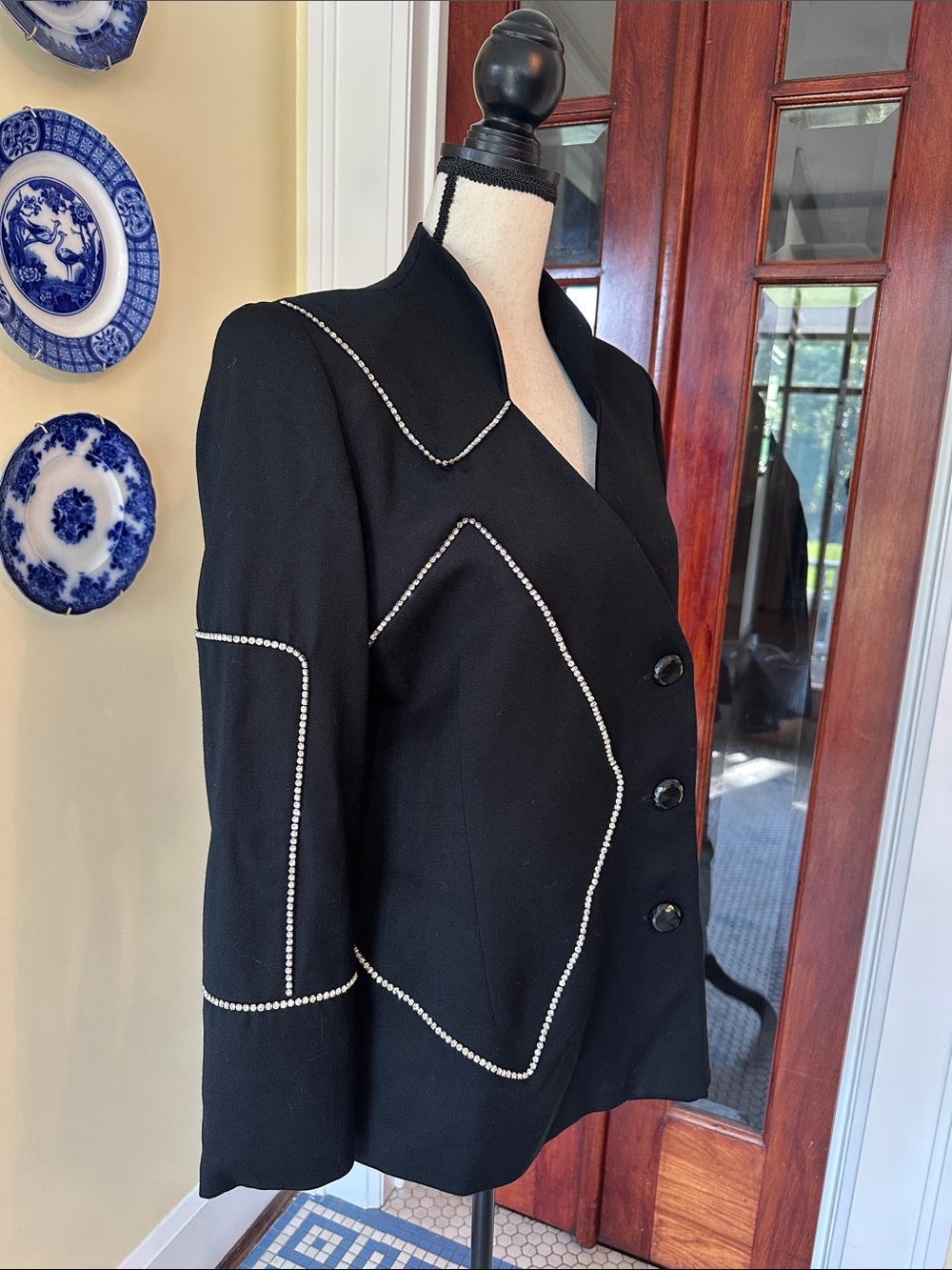 Alberto Makali | Chic Vintage Black Wool Rhinestone Trim Evening Jacket, Size 12 - Picture 3 of 9
